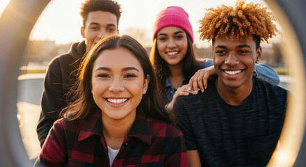 Obraz premium Group of smiling young friends in outdoor setting, representative of youth, happiness, and togetherness, bathed in golden hour light, symbolizing friendship and good times