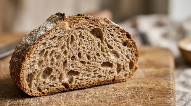Artisan Sourdough Slice: A close-up shot reveals the complex crumb structure of a perfectly baked artisan sourdough bread, showcasing its rustic crust and airy texture.