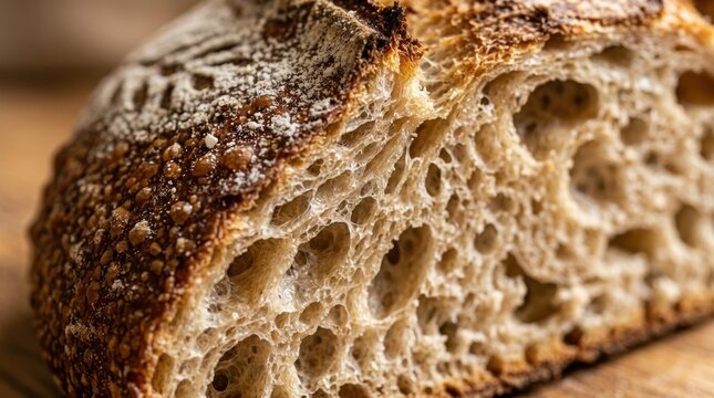 Artisan Sourdough Bread: A close-up macro shot reveals the intricate texture and airy crumb of a freshly baked artisan sourdough loaf, showcasing its golden-brown crust and rustic charm.