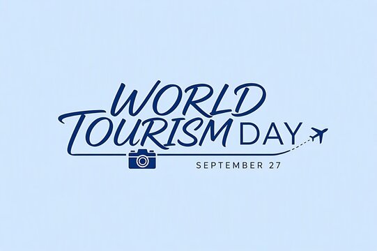 World Tourism Day typography banner with camera icon and airplane flight path line