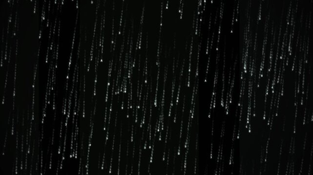 Alphanumeric characters cascading vertically across a dark digital background with glowing streams of code