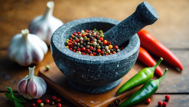 Mortar and Pestle with Colorful Peppercorns and Fresh Garlic Cloves and Chili Peppers on Wooden Surface