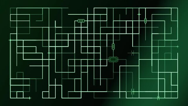 Abstract electronic circuit diagram with glowing green pathways and subtle pulsing illumination on dark background