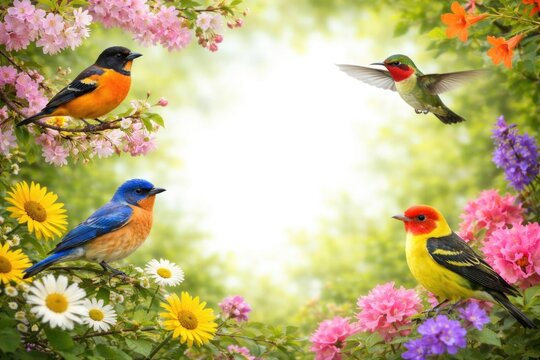 Colorful Birds Perched Among Flowers in a Lush Garden Setting