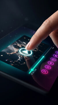 Finger touching a digital screen with video player controls, symbolizing interaction with media and technology, showcasing digital content consumption.