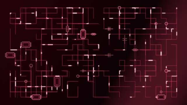 Red glowing circuit schematic with connected electronic components and pulsing traces