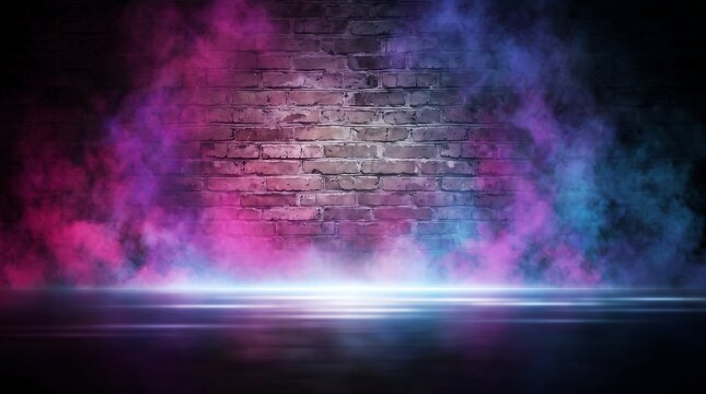 Neon light smoke on brick wall background for product display or stage performance backdrop