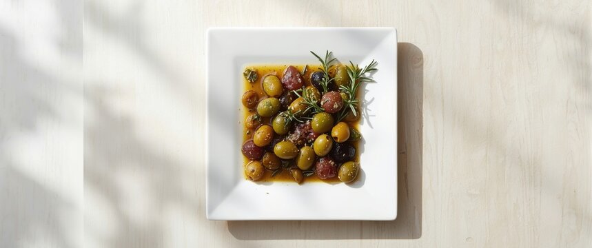 Assorted Marinated Olives with Herbs on White Plate in Natural Light