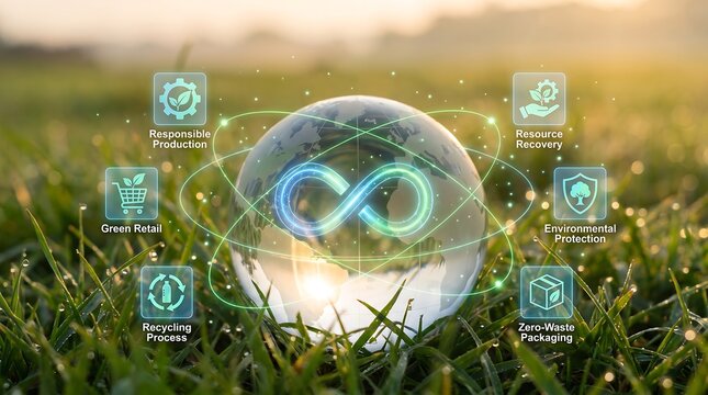 Circular economy concept with infinity symbol in glass sphere on green grass background.