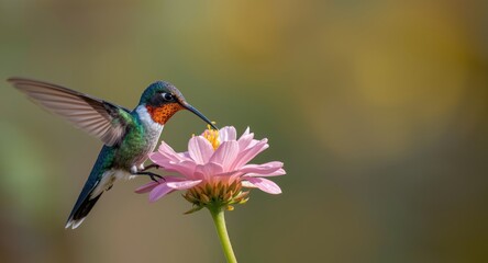 Naklejka premium Hummingbird Feeding on a Pink Flower with Soft Colorful Background
