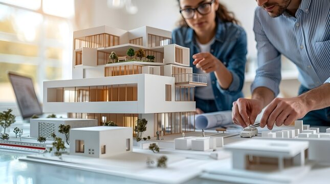 Professional architects collaborating on a modern residential house scale model within a bright architectural design studio
