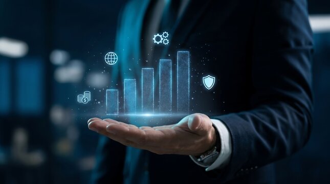 Businessman holding digital bar chart showing business growth and financial success.
