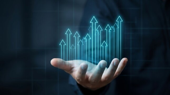 Hand holding glowing digital business growth chart with rising arrows for financial success