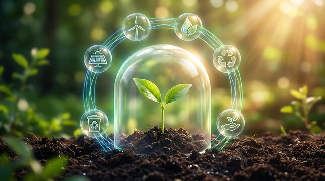 Small green plant sprout protected by glass dome with digital eco energy icons in nature.