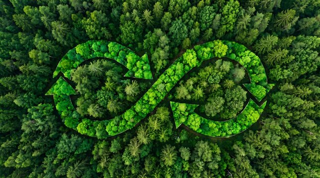 Infinity symbol made of green forest trees representing circular economy and sustainability.