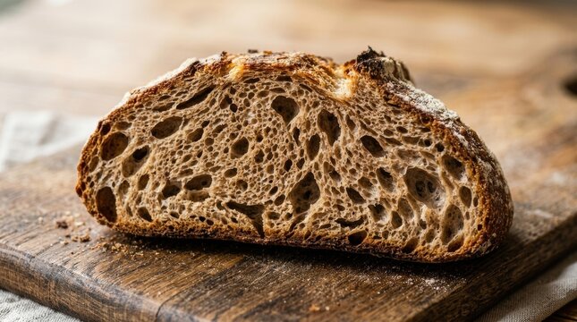Artisan Sourdough Slice: A close-up view reveals the intricate crumb structure and rustic crust of a freshly baked artisan sourdough bread slice, presented on a wooden cutting board.