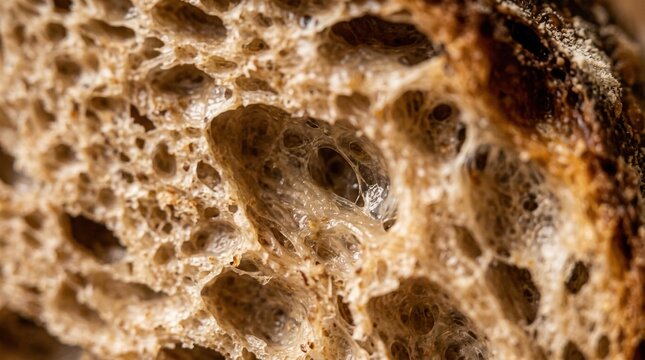 Artisan Bread Texture: A close-up macro shot reveals the intricate, airy crumb structure and golden-brown crust of freshly baked artisan bread, showcasing its rustic charm.