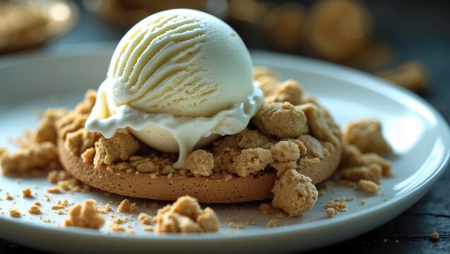 Delicious Vanilla Ice Cream Scoop on a Cookie Crumble Dessert Plate