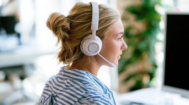 Young woman with blonde hair in a bun wearing headphones and microphone in a office setting
