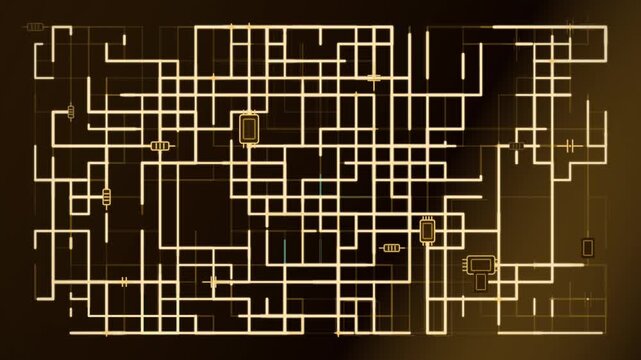 Abstract electronic circuit network with glowing pathways changing across a dark technological background