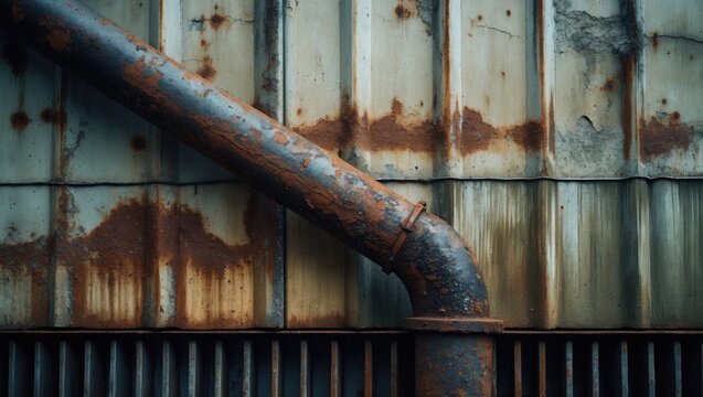 Rusty Metal Pipe Against an Aged Wall with Patina Texture