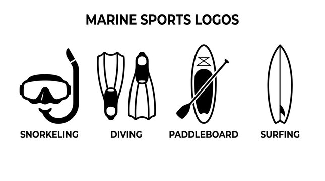 Marine sports icons for snorkeling, diving, and surfing activities.