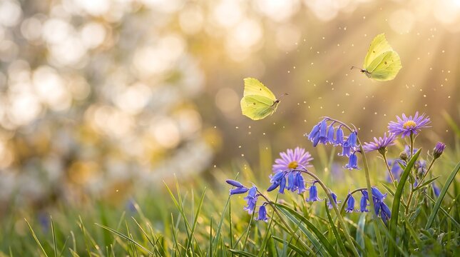 Yellow butterflies flying over blue spring flowers in a sunny meadow with morning dew