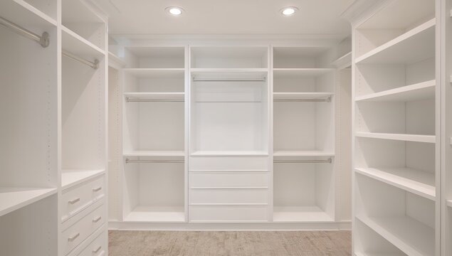 Spacious White Walk-In Closet with Shelves and Drawers in Modern Home