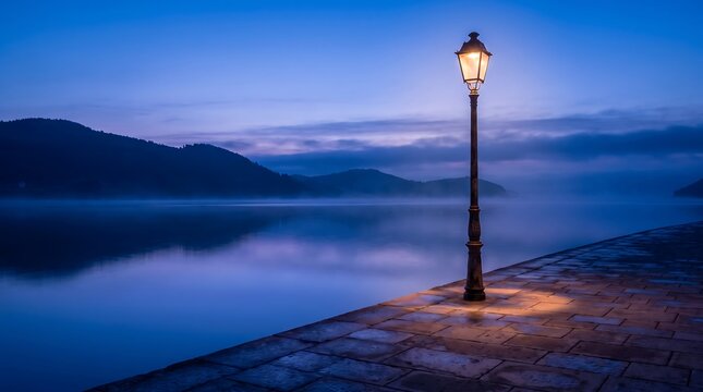 Street lamp glowing on a misty lake pier at twilight, serene blue hour landscape scenery.