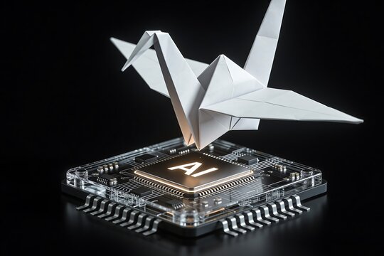 A white origami crane folds into a transparent AI microchip symbolizing human creativity transforming into artificial intelligence dependence