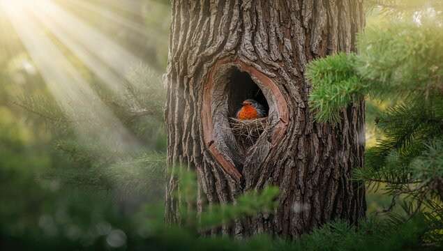 Robin Nesting in a Tree Hollow with Sunlight Streaming Through Branches