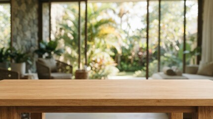 Fototapeta premium Stylish empty wooden tabletop surface for product presentation over a blurred modern interior background, ideal for mockup backdrops, branding, and marketing materials in professional settings.