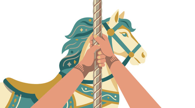 Hands holding carousel pole on decorative horse