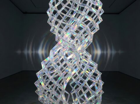 Abstract metamaterial structure manipulating sound waves in dark space scientific 3d render