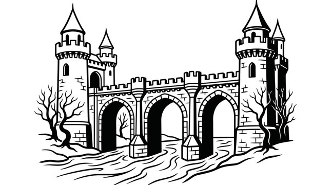 Fantasy stone bridge and castle fortress woodcut illustration.