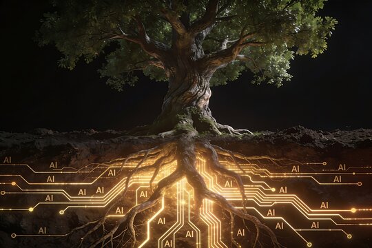 An ancient tree grows above glowing AI circuitry roots symbolizing artificial intelligence as the hidden foundation of human thinking