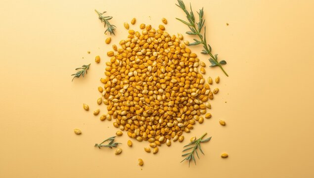 Yellow Split Peas Piled on a Light Yellow Background with Fresh Herbs