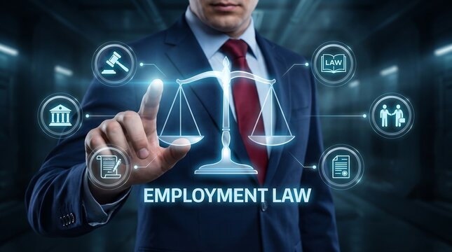 Business professional holding balanced scale with employment law icons and digital justice symbols