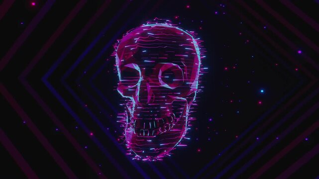 Seamless VJ loop of a glowing digital skull with electric glitch wireframe. Dynamic illuminated stage backdrop for electronic music festivals, dancefloors, club events, rave parties, and live shows.