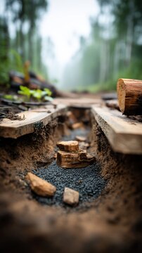 Wood planks border a path. Rocks, dirt, and logs partially fill a trench, leading into misty forest