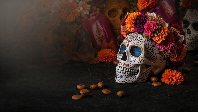 Colorful Sugar Skull Decorated with Flowers and Marigolds on a Dark Background