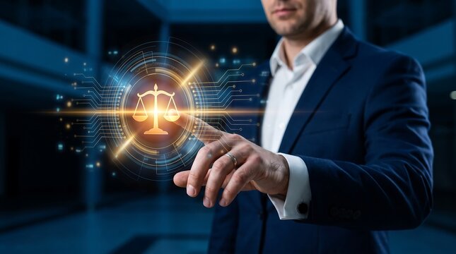 Businessman touching digital scales of justice icon for legal technology and law services.