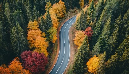 Fototapeta premium Aerial view of a scenic winding road through an autumn forest landscape with vibrant fall foliage