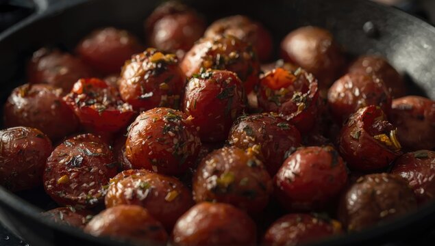 Roasted Cherry Tomatoes with Herbs in a Cast Iron Pan