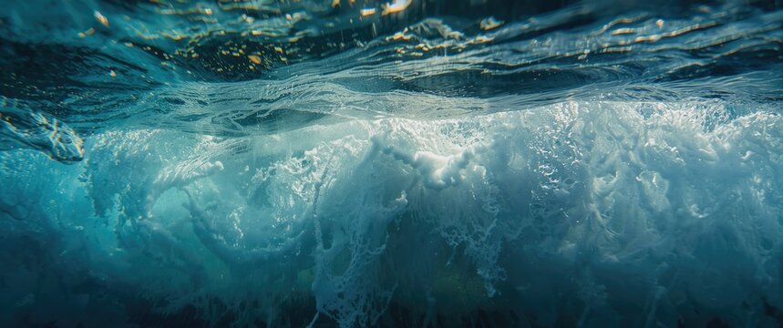 Underwater View of Breaking Waves with Sunlight Reflections