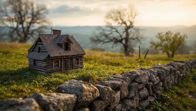 Miniature Wooden House on a Stone Wall in Countryside at Sunset