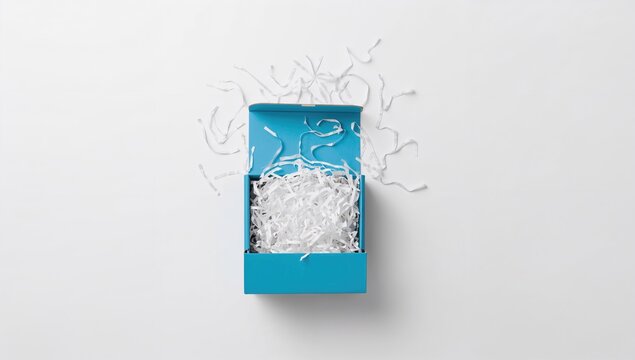 Open Blue Gift Box with Shredded Paper on White Background