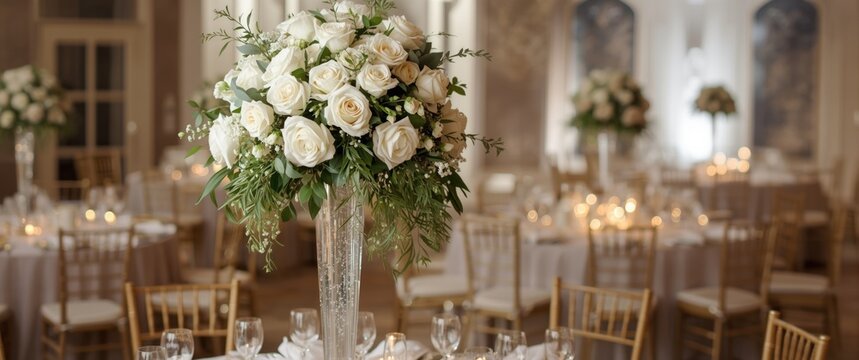 Elegant Floral Centerpiece with White Roses in Upscale Wedding Reception Decor