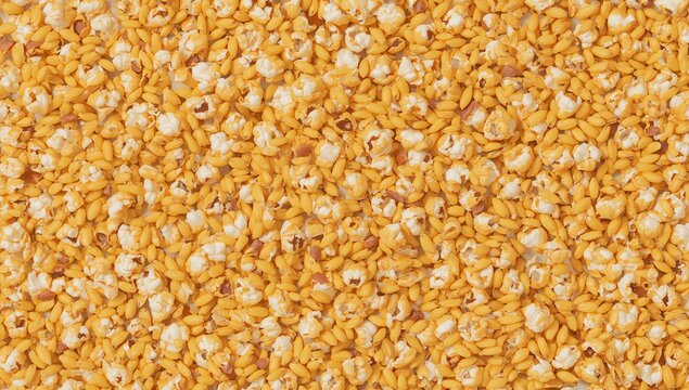 Popcorn Kernels and Popped Corn Texture Background in Bright Yellow Tones