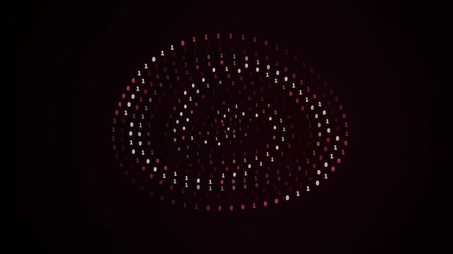Binary digit sphere changing in a dark digital environment with glowing red and white symbols